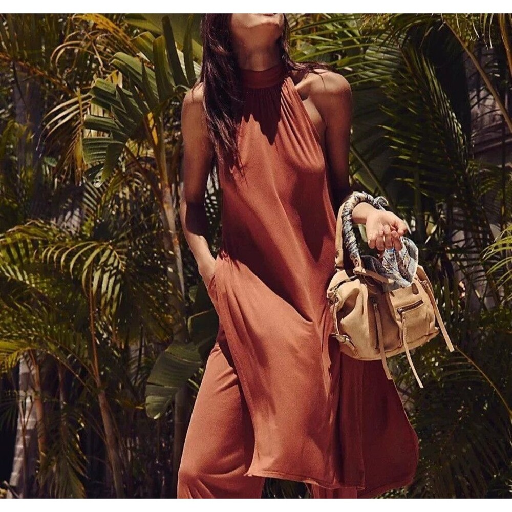 Free People Free-Est Party Perfect Maxi Midi Tunic Top Halter Brown M 291599